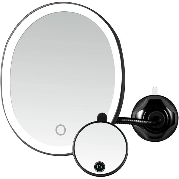 OVENTE 9'' Rechargeable Lighted Wall Mount Makeup Mirror - 1X Magnifying w/ 10X Mini Magnetic, Swivel Gooseneck w/ Suction Mounting, Dimmable Oval LED USB Powered, Perfect for Bath Decor, Black MOW22B
