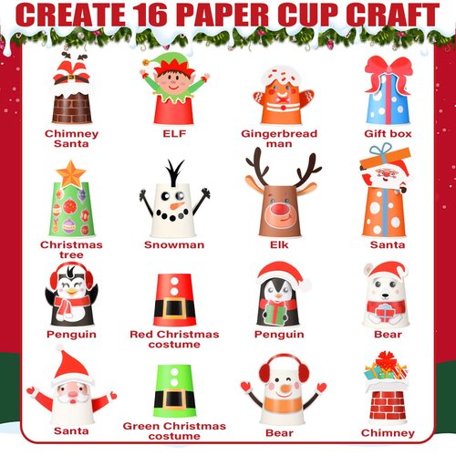 ZOIIWA 16 Pack Christmas Arts and Crafts Create Your Own Christmas Crafts Using Cups Christmas Theme Craft DIY Kit Xmas Holiday Paper Cup Art Kit Xmas Art Supplies