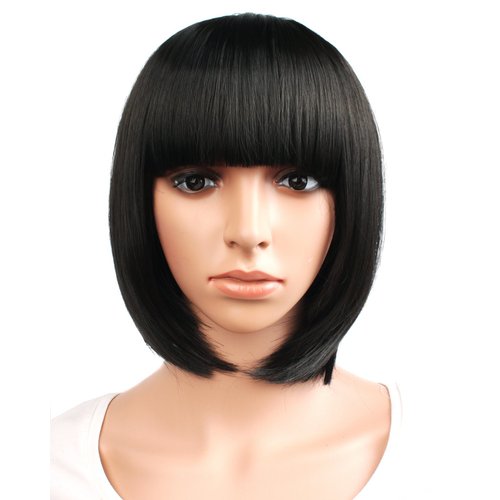 MapofBeauty 12" / 30cm Popular Natural Short Straight Wigs Flat Bangs Wigs-Black-Ladies