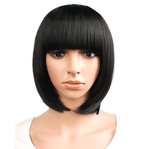 MapofBeauty 12" / 30cm Popular Natural Short Straight Wigs Flat Bangs Wigs-Black-Ladies
