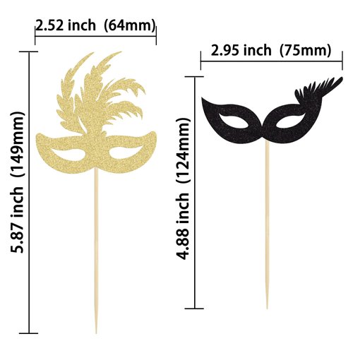 Gyufise 24 Pack Masquerade Masks Cupcake Topper Gold Black Glitter Mask Cake Topper Picks Dessert Cupcake Toppers for Masquerade Mardi Gras Party Baby Shower Birthday Party Decorations