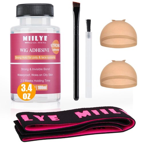 MIILYE Clear Wig Glue Pack, 3.4OZ/100ml Waterproof Lace Glue for Toupee Hair Replacement, Strong Hold Acrylic Adhesive for Front Lace Wig, Pack of Lace Glue with Lace Melting Band, Brush and Wig Caps