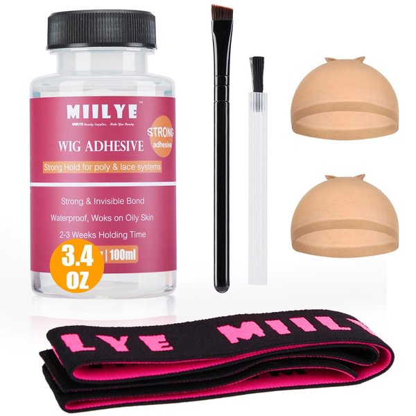 MIILYE Clear Wig Glue Pack, 3.4OZ/100ml Waterproof Lace Glue for Toupee Hair Replacement, Strong Hold Acrylic Adhesive for Front Lace Wig, Pack of Lace Glue with Lace Melting Band, Brush and Wig Caps