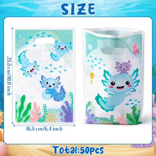 3sscha 50Pcs Blue Axolotl Party Favor Bag - Amphibian Themed Waterproof Goodie Bag with Die Cut Handles Reptile Animals Water Plants Plastic Gift Bags for Kids Birthday Baby Shower Decors Supplies