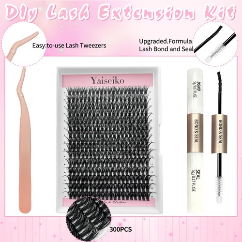 Lash Extension Kit with 300 Pcs 50D Eyelash Clusters, Bond and Seal and Lash Applicator Tool D Curl 8-16mm Mix DIY Individual Lashes for Beginners Self Application DIY at Home, by Yaiseiko