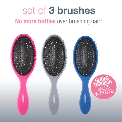Conair Detangling Hair Brush 3PK - For wet and dry hair - Ideal for all hair types - curly hair brush - hair brushes for women - detangler brush - hair brushes for women - Blue, Pink, Gray Assorted