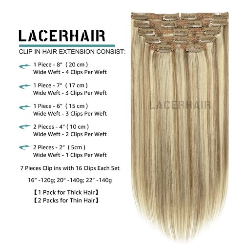 Lacer Hair Real Hair Extensions Clip In Human Hair Soft Virgin Hair For Women Light Brown Highlighted Platinum Blonde Color Thick Full Head Hair Extensions 120g 7 Pieces 18 Inch