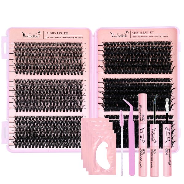 DIY Lash Clusters Kit 708 PCS – D Curl Wispy Eyelash Extensions 8–16mm with Bond & Seal Glue, Tweezers, Pads & Brush | Beginner Friendly Individual Cluster Lashes (30D, 40D, 50D, 60D, 80D, 100D)