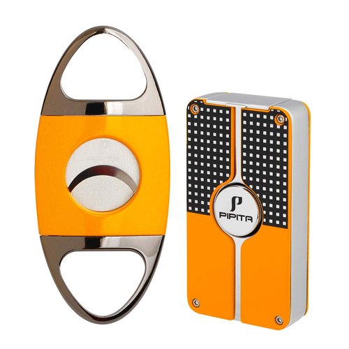 PIPITA Cigar Lighter and Cigar Cutter Set (2pcs/Set), Jet 3 Flame Cigar Lighter Torch and Cigar Cutter, Packing with Nice Gift Box (Black)