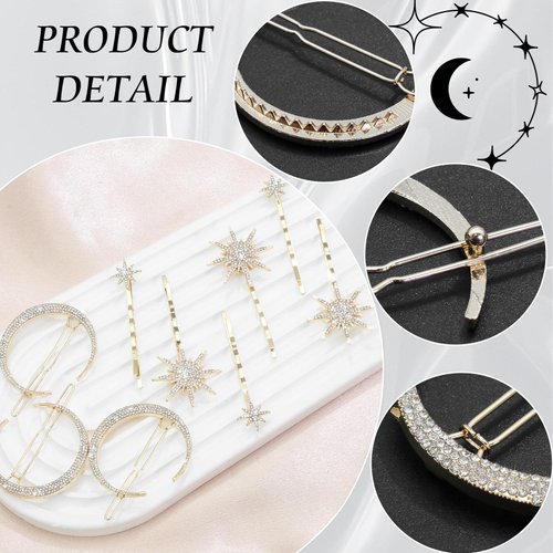 FULZTEY 9Pcs Rhinestone Stars Moon Hair Clips for Women Bling Diamond Star Hair Pin Sparkly Snowflake Side Hairclip Metal Alloy Gold Star Bobby Pins Decorative Vintage Bride Hair Accessories