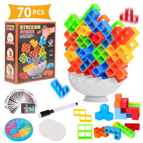 70 PCS Tower Stack Game, Balance Stacking Toys Tetra Tower Games for Adults & Kids, Stack Attack Building Blocks for Party, Travel, Team Building, Gifts for Families, Boys and Girls