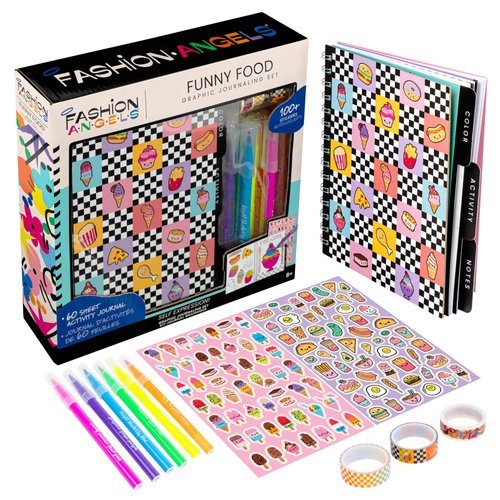 Fashion Angels Funny Foods Graphic Journaling Set - Includes 1 Tabbed Sketchbook, 2 Sticker Sheets, 6 Scented Markers and 3 Rolls of Tape, Cute Foods Stationery Set - for Ages 8+