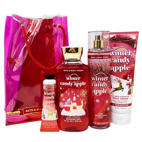 Bath and Body Winter Candy Apple Gift Set Bag - Fragrance Mist - Body Cream - Shower Gel and Hand Cream Arranged Inside a Decorative Gift Bag