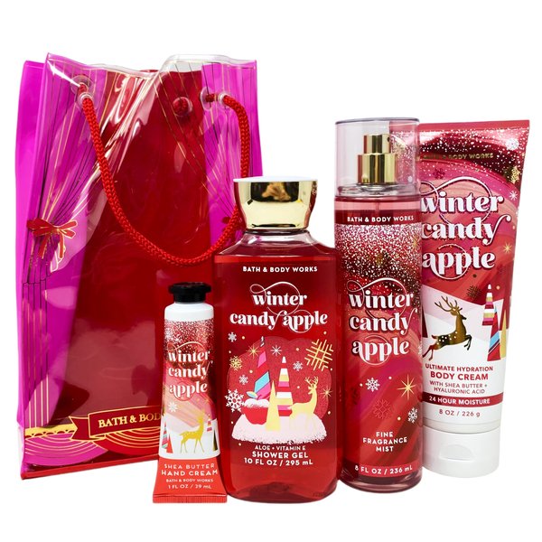 Bath and Body Winter Candy Apple Gift Set Bag - Fragrance Mist - Body Cream - Shower Gel and Hand Cream Arranged Inside a Decorative Gift Bag