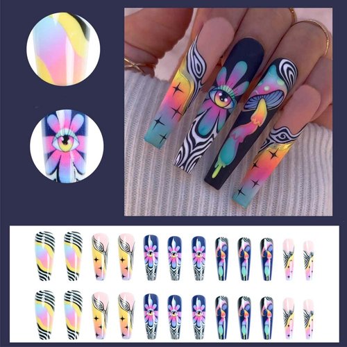 ANDGING Black Press on Nails Long Coffin, Fake Nails for Women with Matte Colorful Flower Mushroom Design, Acrylic Glue on Nails False Nails, Full Cover Stick on Nails for Wedding Birthday 24Pcs