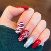 MUZOXEN Christmas Press on Nails Medium Square Snowflake Fake Nails Glossy Red and White Stripes Winter Xmas Design False Nails with Glue Full Cover Artificial Acrylic Nails -24pcs