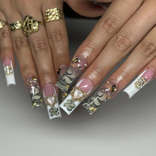 French Tip Press on Nails Long Square Fake Nails Pink Acrylic False Nails with 5D Heart Rhinestones Charms Designs Gold Dollar Symbol Charms Glitter Artificial Nails Stick on Nails for Women 24Pcs