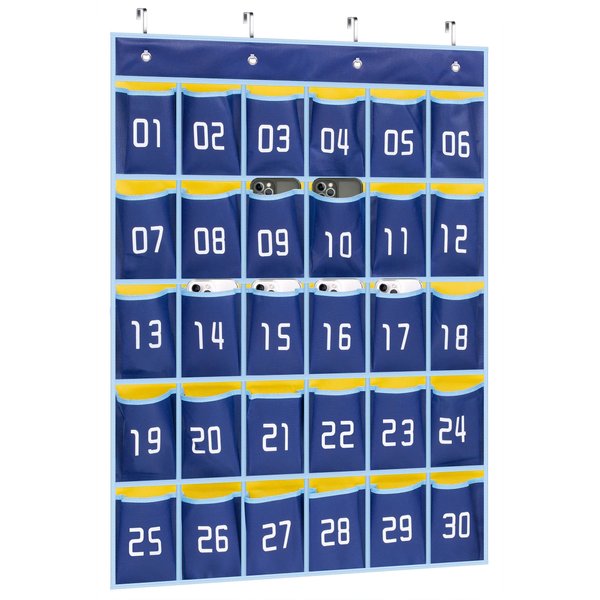 MISSLO Classroom Cell Phone Calculator Holder Numbered 30 Pockets Chart Hanging Wall Door Storage Organizer (Blue)