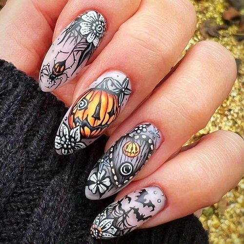 Medium Halloween Press on Nails Almond Shaped Fake Nails Black Matte Full Cover False Nails with Pumpkin Spider Bat Designs Acrylic Glue on Nails Artificial Stick on Nails for Women and Girls 24PCS