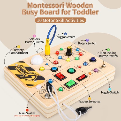 Hikoshi Montessori Busy Board for Toddlers 1-3 - Sensory LED Light Switch Busy Board Toy, Wooden Montessori Travel Toys for Toddler 1 2 3 4 Years Old Boys Girls