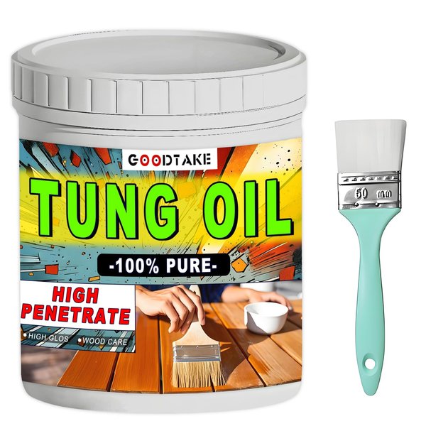 GOODTAKE Pure Tung Oil, Premium Tung Oil Finish with Brush, Pure Tung Oil Wood Sealer for Unfinished Bare Wood, Such as Wood Floors, Wood Furniture Indoor and Outdoor Projects (8 Fl Oz)