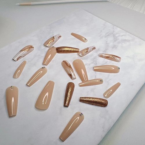 Glitter Marble Press on Nails Long - Long Square Press on Nails,Coffin Nails Glossy Shiny Fake Nails with Rhinestones Design Reusable Stick on Nails Natural Artificial Nails Glue on Nails for Women