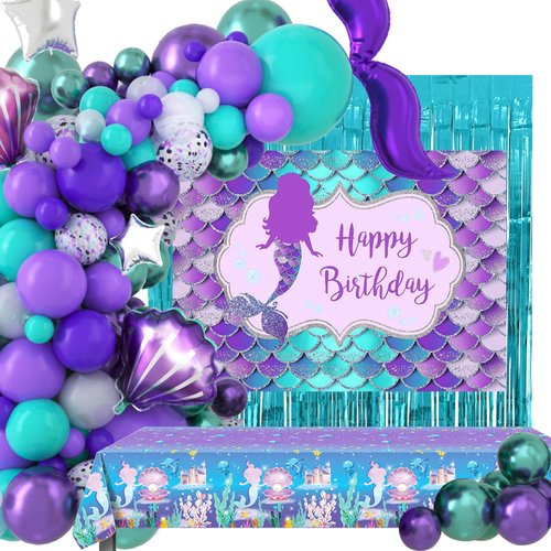 Mermaid Birthday Party Decorations 144PCS - Mermaid Birthday Party Supplies Including Mermaid Backdrop, Mermaid Balloon Arch/Garland Kit, Mermaid Tabblecloth, Tinsel Curtain