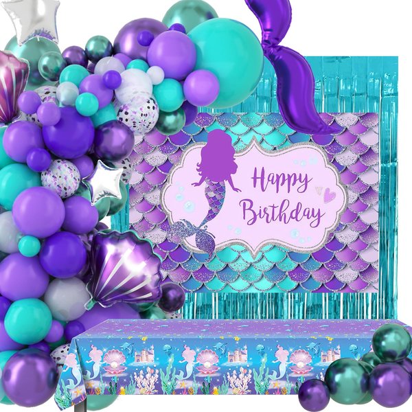 Mermaid Birthday Party Decorations 144PCS - Mermaid Birthday Party Supplies Including Mermaid Backdrop, Mermaid Balloon Arch/Garland Kit, Mermaid Tabblecloth, Tinsel Curtain