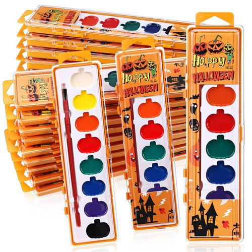 Watersay 12 Pack Halloween Pumpkin Watercolor Paint Set for Kids 8 Washable Colors with Brushes Water Color Painting Kit for Halloween Painting Kit Gift Party Supplies