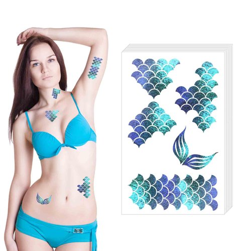12 Sheets Mermaid Scale Temporary Tattoos Stickers, Mermaid Themed Tattoos Stickers Face and Body Mermaid Scale Tattoos for Carnival Theme Party Role Play