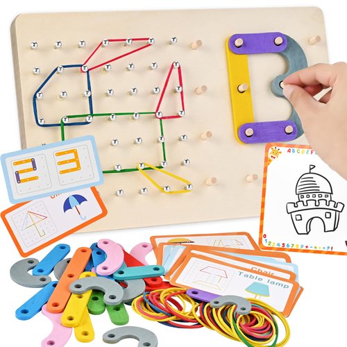 Wooderma Wooden Geoboards, Wooden Letter Number Construction Puzzle Board, Montessori Toys for Kids with 20 Pattern Cards, 50 Rubber Bands to Figures and Shapes, Brain Teaser STEM Toy（9.5*6 *0.6in）