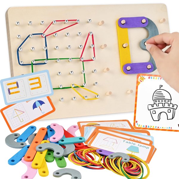 Wooderma Wooden Geoboards, Wooden Letter Number Construction Puzzle Board, Montessori Toys for Kids with 20 Pattern Cards, 50 Rubber Bands to Figures and Shapes, Brain Teaser STEM Toy（9.5*6 *0.6in）
