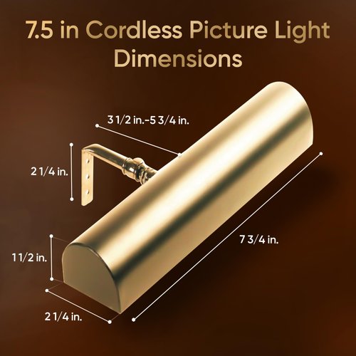 Concepdesigns Picture Light, Battery Operated Picture Light, Dimmable Wireless Picture Lights for Wall, Art Light, Library Light Battery Operated with Remote Control - 7.75 inches, Polished Brass