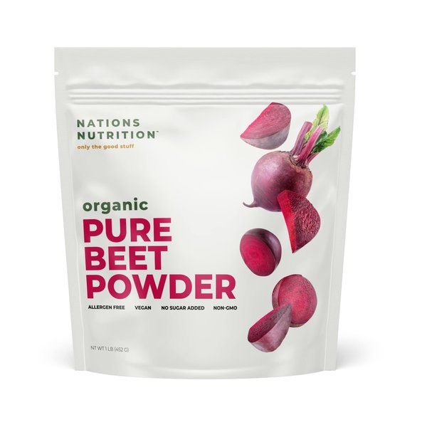 Nations Nutrition Pure Beet Root Powder Organic - Nitric Oxide Circulation Superfood, Supports Blood Flow & Heart Health - Increase Stamina & Natural Energy, 30+ Servings (1 LB Bag)