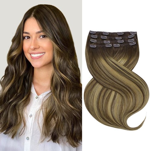 Marat Hair Extensions Clip in Human Hair, Balayage Chocolate Brown to Caramel Blonde Clip in Hair Extensions 14 inch 120g Straight Clip in Hair Extensions Human Hair