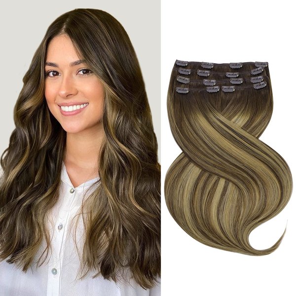 Marat Hair Extensions Clip in Human Hair, Balayage Chocolate Brown to Caramel Blonde Clip in Hair Extensions 14 inch 120g Straight Clip in Hair Extensions Human Hair
