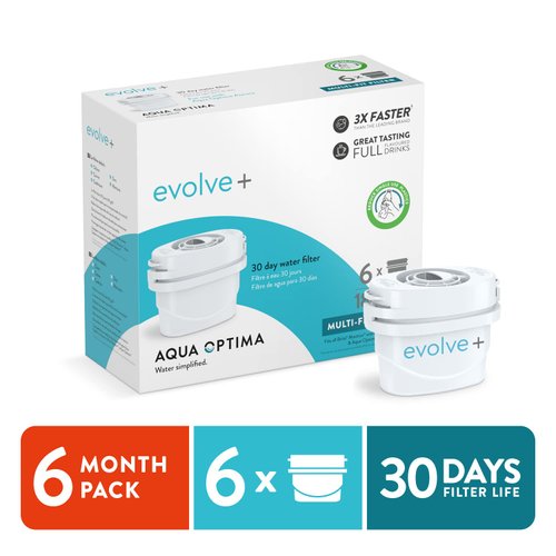 Aqua Optima Evolve+ Replacement Filter for Aqua Optima Pitchers, Perfect Pour, Filtered Dispensers, Aurora, Filter Kettles and SCA Coffee Makers. NSF/ANSI Certified, Reduces Microplastics, Pack of 6