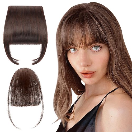JUNEBRUSHS 2Pcs Clip on Bangs Real Human Hair Wispy Bangs Hair Clip with Hair Temples Brown Clip on Bangs for Women Air Bangs Hair Extensions for Daily Wear