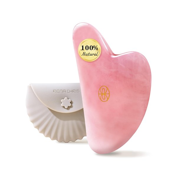 Rena Chris Gua Sha Facial Tools-Fuller, Ergonomic Rose Quartz Jade Gua Sha Stone for Face Massage,Jawline Sculpting and Puffiness Reducing, Skin Care Massager(Pink)