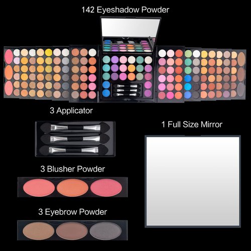 All In One Makeup Kit For Women Full Kit -142 Colors Shimmer Matte Eyeshadow Palette,3 Blusher,3 Eyebrow Powder,3 Applicators and Mirror Make Up Kit for Teens Women Gift Set (148 Makeup Kit)
