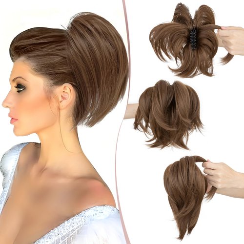 SEGO Pro Claw Clip Short Ponytail Hair Extensions Messy Bun Hair Piece Pony Tails Hair Extensions with Bendable Metal Wire Hair Pieces DIY Style 8 Inch 10 Ash Brown