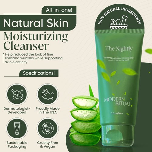 MODERN RITUAL 3 fl oz Facial Cleanser - All in One Night Time Salicylic Acid Cleanser with Hyaluronic Acid for Summers, Acne Face Wash, Brighter, Smoother & Hydrated Skin