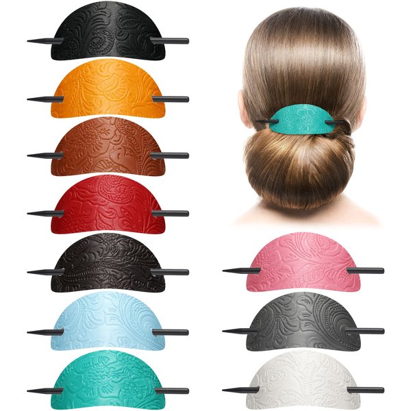 Faux Leather Hair Accessories - Stick Barrette, Oval Hair Clips, Ponytail Holders, Hair Ties, and Hair Slides for Women and Girls (Vivid Style, 10 Pieces)