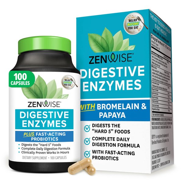 Zenwise Health Digestive Enzymes for Gut Health & Bloating Relief - Multi Enzymes Digestion Supplement with Probiotics, Bromelain & Papaya for Digestive Health Support - Men & Women - 100 Count