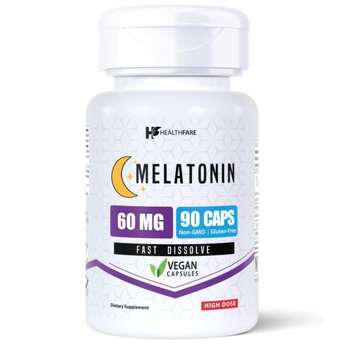 Healthfare Melatonin 60mg | 90 Veg Capsules | Gluten-Free | Non-GMO | Unflavored | Made in USA