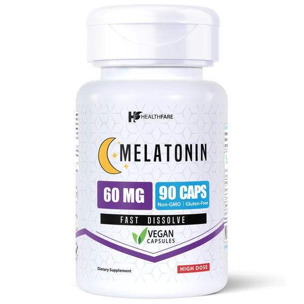 Healthfare Melatonin 60mg | 90 Veg Capsules | Gluten-Free | Non-GMO | Unflavored | Made in USA