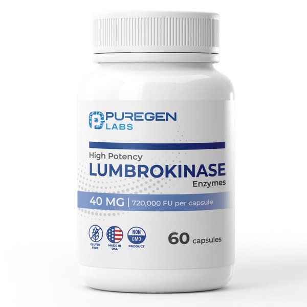Puregen Labs Lumbrokinase 40mg per Capsule High Potency Supplement | High Activity Lumbrokinase Enzymes | No Harmful Additives | Non-GMO | Gluten Free | Made in USA - 60 Vegetarian Capsules