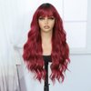 Amarlis Wine Red Wavy Wig for Women, 24 Inch Ombre Burgundy Curly Wigs with Bangs Natural Looking Heat Resistant Synthetic Fiber Wig