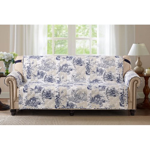 Brilliant Sunshine Blue Toile Couch Cover, Quilted Oversized Loveseat Slipcover, 54" Seat Width, Slip Resistant Furniture Protector, 2" Strap, Washable Couch Cover for Pets, Kids, Dogs, Blue Beige