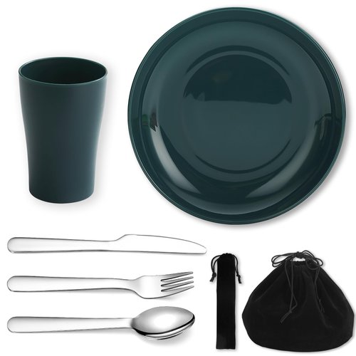 Evanda Camping Utensils Mess Kit for 1 Person, Including Camping Spoon, Fork, Knife, Plate and Cup Packed in a Portable Bag, Easy to Carry, Dishwasher Safe